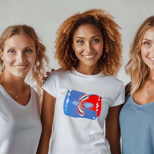 portrait+ style Three european women in t-shirts and two woman giving es to his on the cheek hug