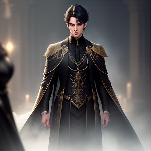  On the image, there is one young man. He is standing upright. He has black hair. He has blue eyes. He is wearing a black gown. hyperrealistic, full body, detailed clothing, highly detailed, cinematic lighting, stunningly beautiful, intricate, sharp focus, f/1. 8, 85mm, (centered image composition), (professionally color graded), ((bright soft diffused light)), volumetric fog, trending on instagram, trending on tumblr, HDR 4K, 8K