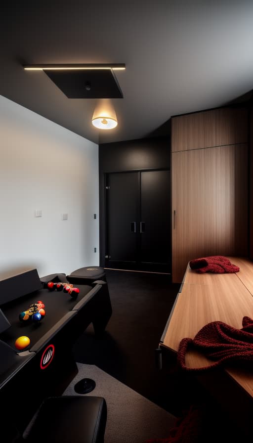  A high resolution photograph of a modern Game Room/Recreation Room, natural lighting, modern furniture, warm and welcoming ambiance, captured by a Canon EOS 5D Mark IV camera + Canon EF 16 35 mm f/2.8L II USM lens, heartwarming, black themed, energetic, modern