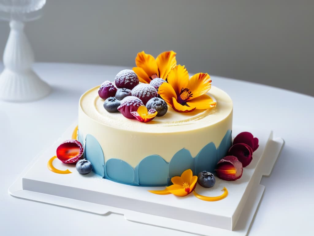  An ultradetailed image of a delicately crafted, multilayered exotic dessert served on a sleek, modern plate. The dessert features intricate swirls of vibrant colors, exotic fruits, and delicate edible flowers, all set against a stark white backdrop to highlight the intricate details and vibrant hues. Each layer of the dessert is artfully decorated with gold leaf accents and fine sugar sculptures, creating a visually stunning and mouthwatering display that embodies the fusion of exotic flavors in innovative pastrymaking. hyperrealistic, full body, detailed clothing, highly detailed, cinematic lighting, stunningly beautiful, intricate, sharp focus, f/1. 8, 85mm, (centered image composition), (professionally color graded), ((bright soft diffused light)), volumetric fog, trending on instagram, trending on tumblr, HDR 4K, 8K