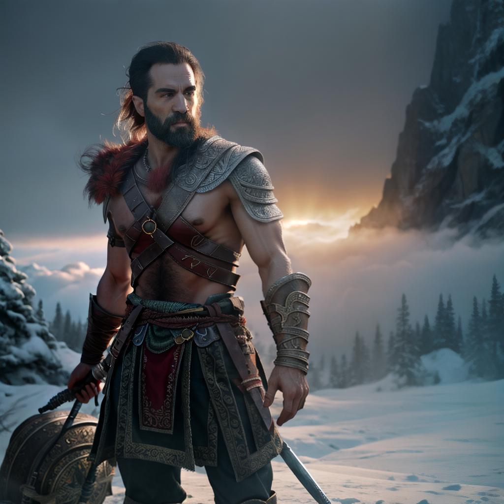  God of war hyperrealistic, full body, detailed clothing, highly detailed, cinematic lighting, stunningly beautiful, intricate, sharp focus, f/1. 8, 85mm, (centered image composition), (professionally color graded), ((bright soft diffused light)), volumetric fog, trending on instagram, trending on tumblr, HDR 4K, 8K