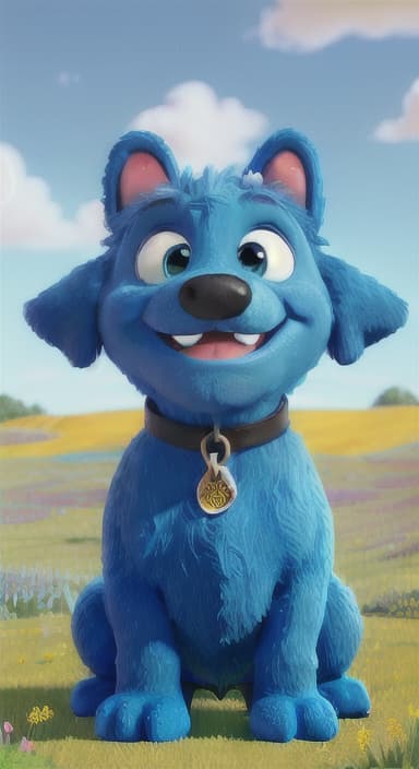  {A happy, big blue dog wagging its tail in a colorful meadow, The big blue dog is large with sky blue fur, big round eyes, a black nose, and floppy ears.