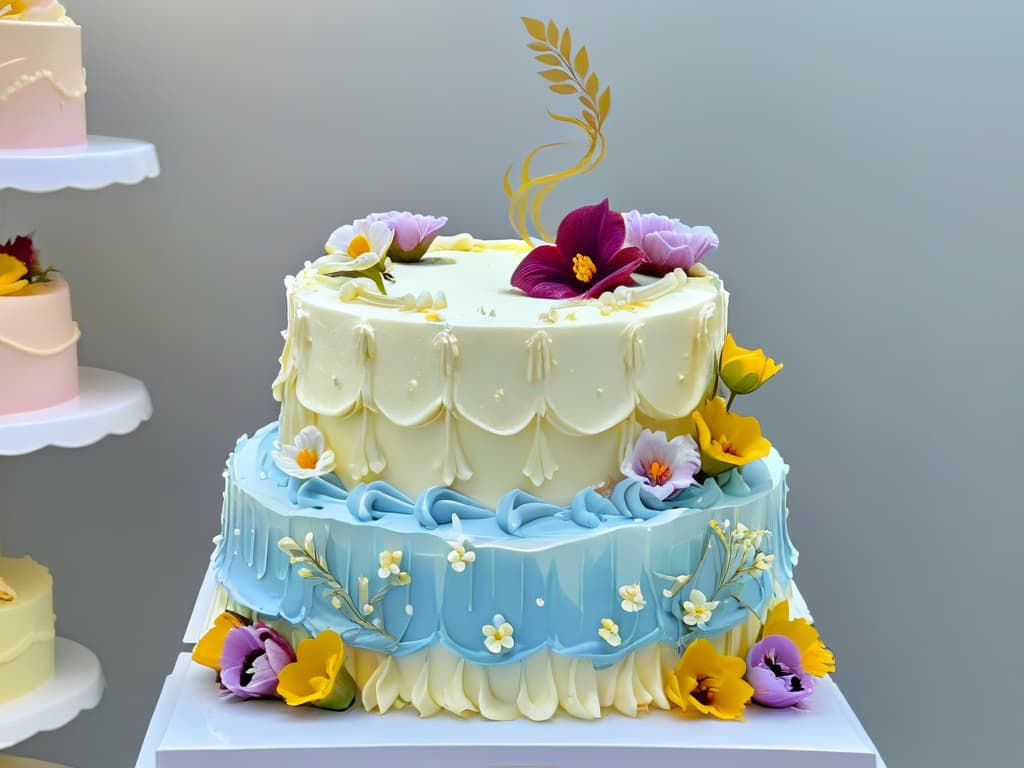  A closeup, ultradetailed image of a perfectly frosted and meticulously decorated threetiered cake, featuring intricate piped designs in pastel colors, delicate edible flowers cascading down the side, and a shimmering gold fondant ribbon around the base. The cake sits on a simple, elegant white cake stand against a soft focus background, highlighting the precision and artistry of the dessert. hyperrealistic, full body, detailed clothing, highly detailed, cinematic lighting, stunningly beautiful, intricate, sharp focus, f/1. 8, 85mm, (centered image composition), (professionally color graded), ((bright soft diffused light)), volumetric fog, trending on instagram, trending on tumblr, HDR 4K, 8K