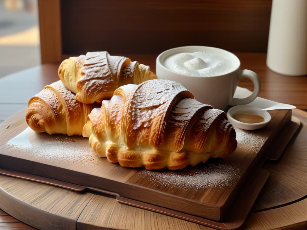  An ultradetailed closeup image of a perfectly goldenbrown croissant, freshly baked and resting on a rustic wooden table. The croissant is delicately sprinkled with a light dusting of powdered sugar and accompanied by a small, dainty porcelain cup filled with rich, aromatic espresso. The steam rising from the coffee creates a captivating visual contrast against the flaky layers of the croissant, emphasizing its buttery texture. The warm, inviting colors and the intricate details of the croissant's layers make this image a feast for the eyes and evoke a sense of indulgence and culinary craftsmanship. hyperrealistic, full body, detailed clothing, highly detailed, cinematic lighting, stunningly beautiful, intricate, sharp focus, f/1. 8, 85mm, (centered image composition), (professionally color graded), ((bright soft diffused light)), volumetric fog, trending on instagram, trending on tumblr, HDR 4K, 8K