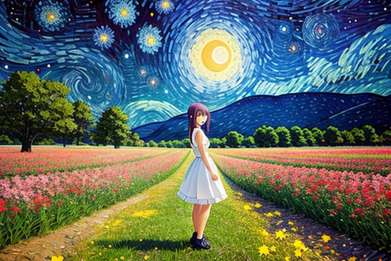  pretty anime girl, flowery field, starry night