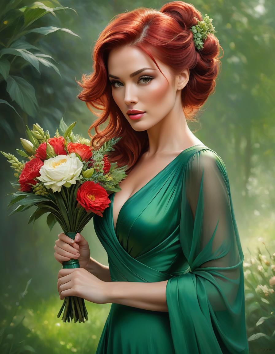  impressionist painting Painting of a woman in a green dress with a bouquet in her hands., stanley artgerm lau, steven artgerm lau, magali villeneuve', graphic artist magali villeneuve, artgerm lau, inspired by Magali Villeneuve, charlie bowater rich deep colors, Stanley Artgerm, red haired goddess, Стиль Stanley Artgermа . loose brushwork, vibrant color, light and shadow play, captures feeling over form hyperrealistic, full body, detailed clothing, highly detailed, cinematic lighting, stunningly beautiful, intricate, sharp focus, f/1. 8, 85mm, (centered image composition), (professionally color graded), ((bright soft diffused light)), volumetric fog, trending on instagram, trending on tumblr, HDR 4K, 8K