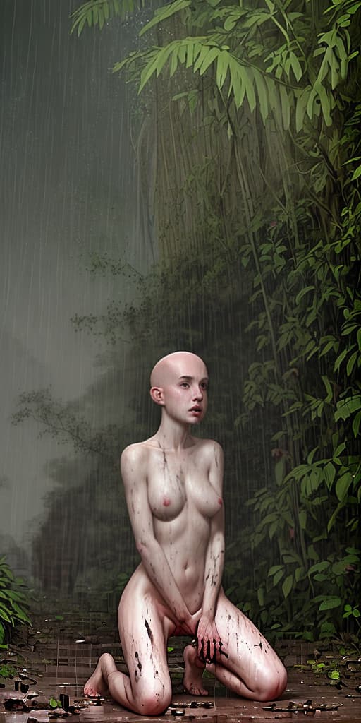  bald-girl, dirty, raining, in the jungle, naked, kneeling, head down, looking down