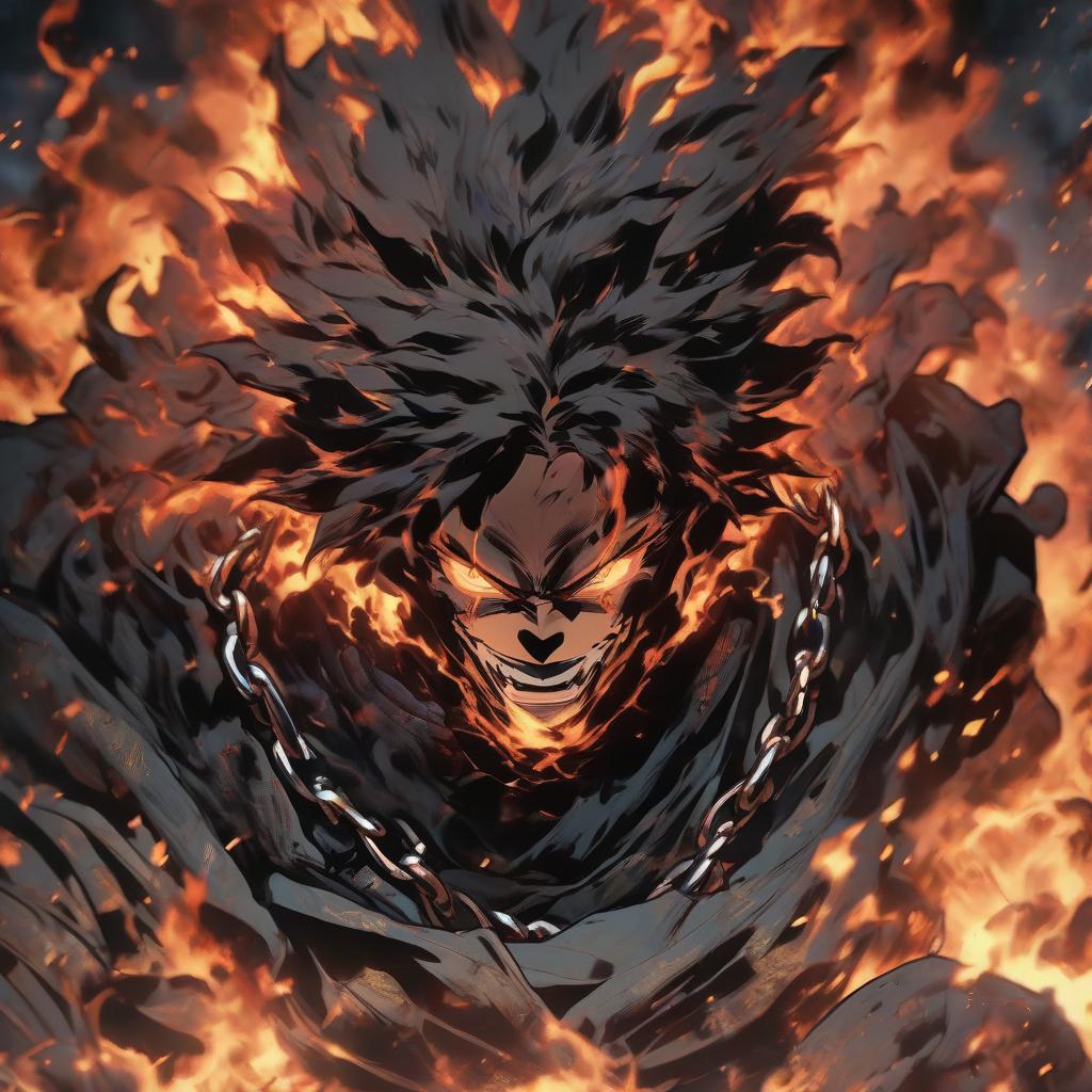  breathtaking a demonic demon with chains around his neck, city on fire background, detailed anime character art, prisoner, kimetsu no yaiba, streaming on twitch, human torch, absolutely outstanding image, rising from the void, killua zoldyck portrait, the shackled, blue on black, douglas smith, loadscreen . award winning, professional, highly detailed hyperrealistic, full body, detailed clothing, highly detailed, cinematic lighting, stunningly beautiful, intricate, sharp focus, f/1. 8, 85mm, (centered image composition), (professionally color graded), ((bright soft diffused light)), volumetric fog, trending on instagram, trending on tumblr, HDR 4K, 8K