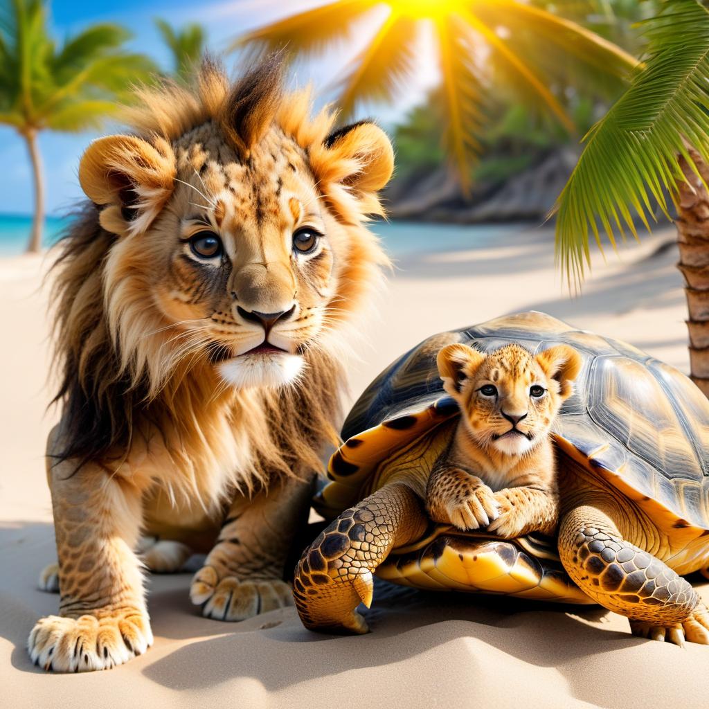  A lion cub and a big turtle lie on the beach and sing a song, a big turtle with a brown shell, a lion cub has a beautiful thick mane, they have fun, they have a good cheerful mood, carefree life, sun, sea, palm tree