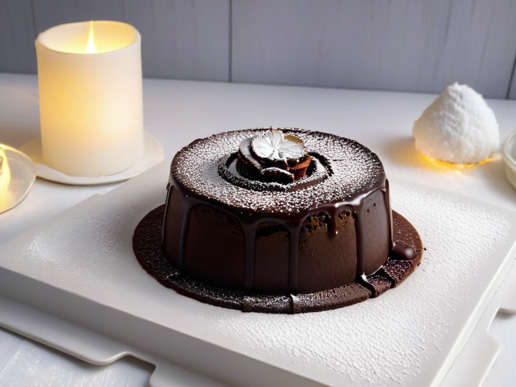  A closeup, photorealistic image of a decadent chocolate lava cake, dusted with powdered sugar and served on a sleek white plate. The cake oozes rich, molten chocolate from its center, creating a striking contrast against the minimalist backdrop. The glossy surface of the cake reflects the ambient light, highlighting the intricate textures of the dessert and emphasizing the play of light and shadow in the composition. hyperrealistic, full body, detailed clothing, highly detailed, cinematic lighting, stunningly beautiful, intricate, sharp focus, f/1. 8, 85mm, (centered image composition), (professionally color graded), ((bright soft diffused light)), volumetric fog, trending on instagram, trending on tumblr, HDR 4K, 8K