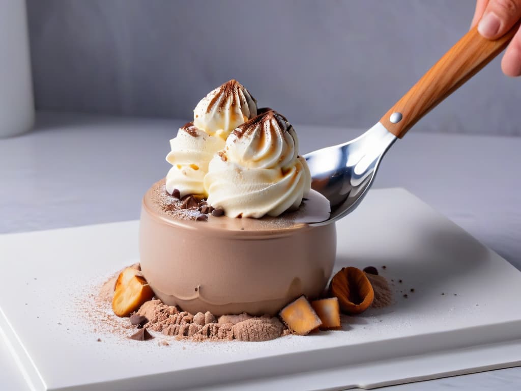  A closeup shot of a scoop of ultra creamy nitrogen ice cream being lifted by a silver spoon, showcasing a smooth and glossy texture with a light dusting of cocoa powder on top. The background is a soft blur of stainless steel countertops and a hint of liquid nitrogen vapors swirling around, creating a futuristic and professional culinary atmosphere. hyperrealistic, full body, detailed clothing, highly detailed, cinematic lighting, stunningly beautiful, intricate, sharp focus, f/1. 8, 85mm, (centered image composition), (professionally color graded), ((bright soft diffused light)), volumetric fog, trending on instagram, trending on tumblr, HDR 4K, 8K