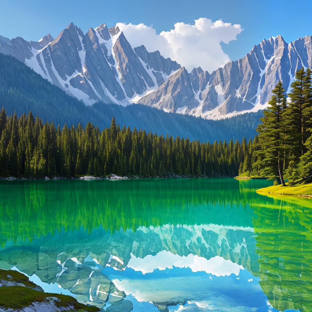  as a painting, Convey the serene majesty of towering mountains reflected in the crystal-clear waters of a tranquil alpine lake, using your unique artistic vision to evoke a sense of awe and tranquility.