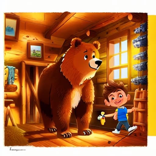  a boy with brown short hair and yellow shirt and blue jeans, a bear standing, in cabin