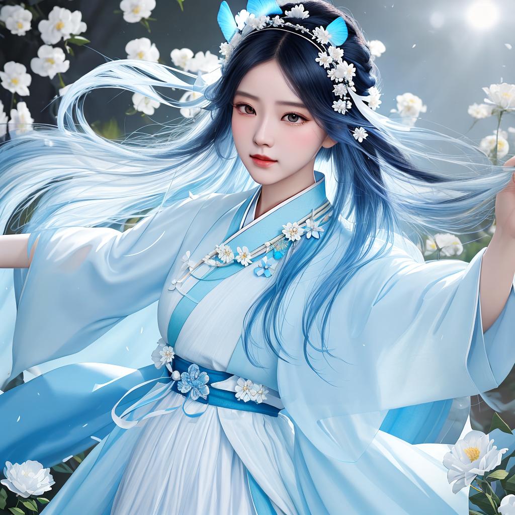  masterpiece, best quality, (Fidelity: 1.4), Best Quality, Masterpiece, Ultra High Resolution, Poster, Fantasy Art, Very Detailed Faces, 8k resolution, Chinese Style, An woman, Side Face, Quiet, Light Blue Hanfu, Tulle Coat, Long Black Hair, Light Blue Fringed Hair Ornament, Hairpin, White Ribbon, White Flower Bush, Light Blue Butterfly Flying, cinematic lighting effects