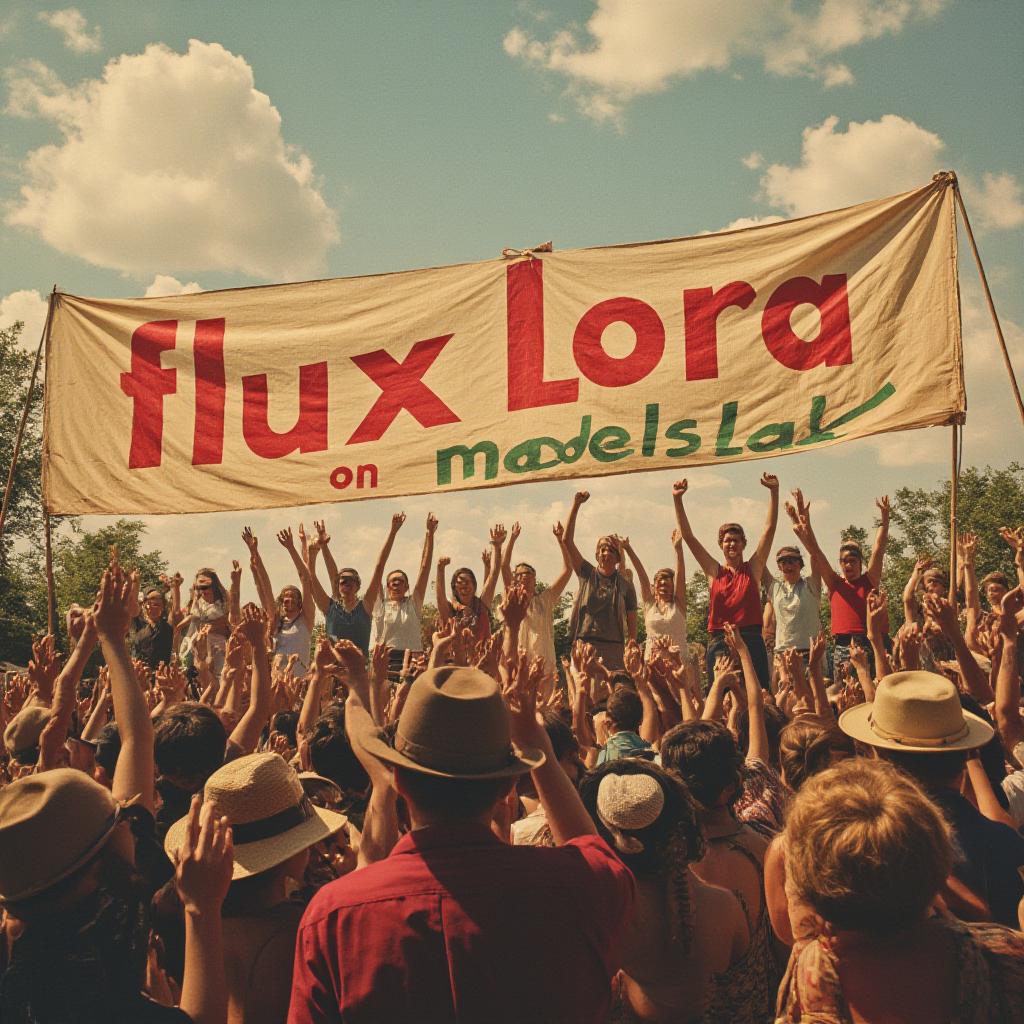  vintage style, a huge crowd cheering at a huge banner, banner contains the text 'flux lora on modelslab'.