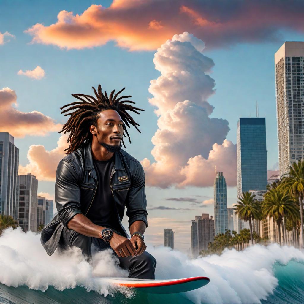  A black male with dreadlocks surfing on clouds heading towards a city situated among the clouds. Include a street sign that says '47th Ave'. The man should look excited and joyful, and the scene should be whimsical and fantastical, with vibrant colors in the sky. hyperrealistic, full body, detailed clothing, highly detailed, cinematic lighting, stunningly beautiful, intricate, sharp focus, f/1. 8, 85mm, (centered image composition), (professionally color graded), ((bright soft diffused light)), volumetric fog, trending on instagram, trending on tumblr, HDR 4K, 8K