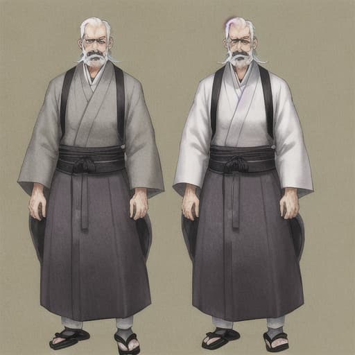  old man, Japanese outfits, serious face, long thin beard and mustache, tall and skinny, White hair