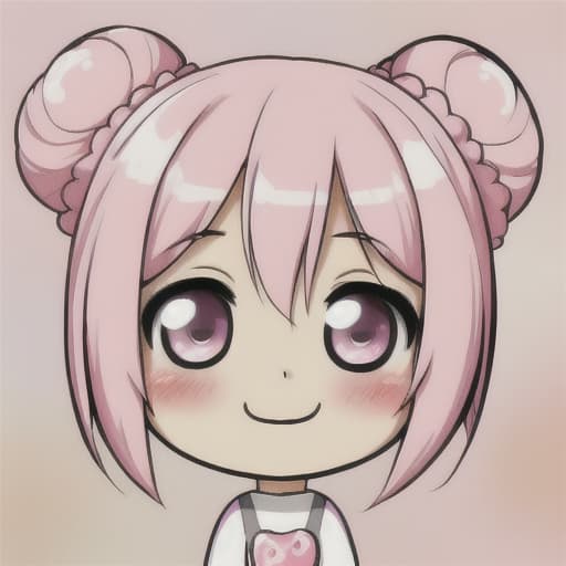  pink. twin bun hair. girl. chibi. cute. kawaii. background cute cosmetics. blurred blush painting. smiling cute