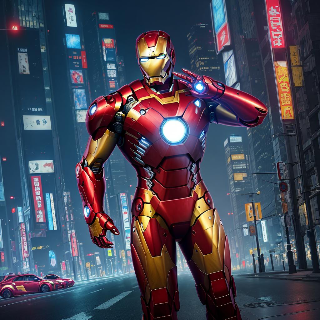  masterpiece, best quality, Best quality, masterpiece, 8k resolution, realistic, highly detailed, close up of Iron Man. In a cyberpunk-style night scene of the city, he stands on a street lined with tall buildings. The city's night lights are bright, The surrounding buildings and streets are filled with cyberpunk elements such as neon lights, high-tech devices, and futuristic architectural designs.