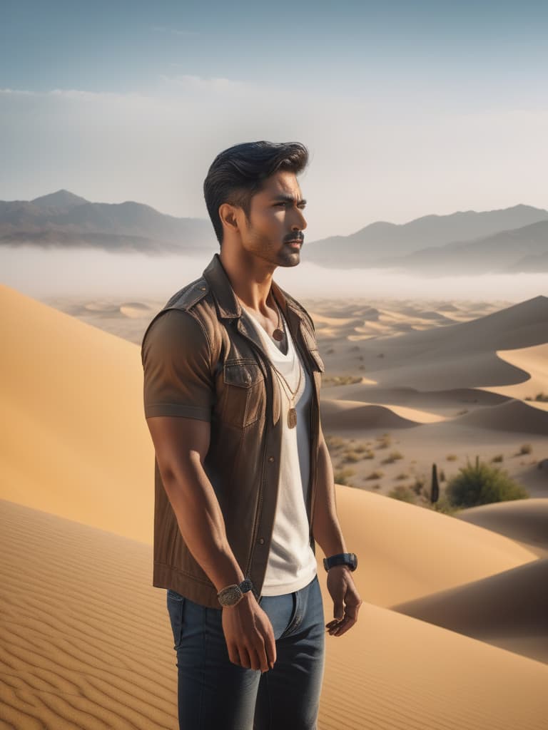  Half body portrait,Young Asian Man Tourist wear summer casual short sleeve t shirt, standing in desert, look at to camera, cinematic lighting, stunningly beautiful, intricate, sharp focus, f/1. 8, 85mm, (professionally color graded), ((bright soft diffused light)), volumetric fog, trending on instagram, trending on tumblr, HDR 4K, 8K hyperrealistic, full body, detailed clothing, highly detailed, cinematic lighting, stunningly beautiful, intricate, sharp focus, f/1. 8, 85mm, (centered image composition), (professionally color graded), ((bright soft diffused light)), volumetric fog, trending on instagram, trending on tumblr, HDR 4K, 8K