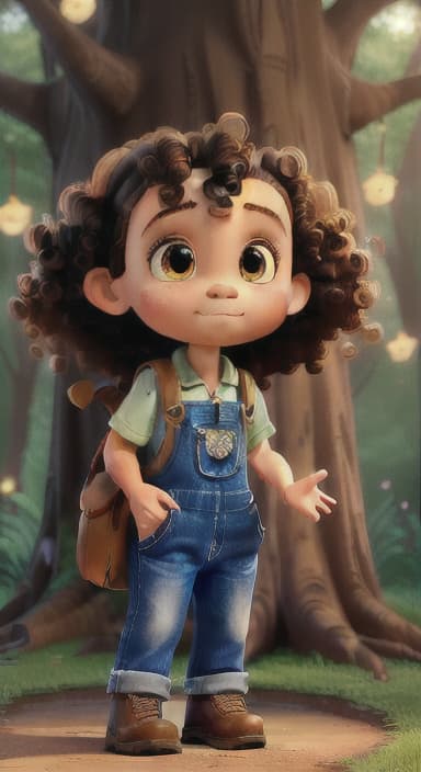  {The tree shining brightly and releasing a gentle, magical light., Riley, a curious with big brown eyes and curly hair, wearing overalls and carrying a small backpack. Their friend, Skye, a bluebird with shiny feathers.