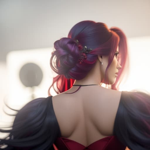  A girl with long purple hair from behind, wearing a red dress, and the background is a photography studio hyperrealistic, full body, detailed clothing, highly detailed, cinematic lighting, stunningly beautiful, intricate, sharp focus, f/1. 8, 85mm, (centered image composition), (professionally color graded), ((bright soft diffused light)), volumetric fog, trending on instagram, trending on tumblr, HDR 4K, 8K