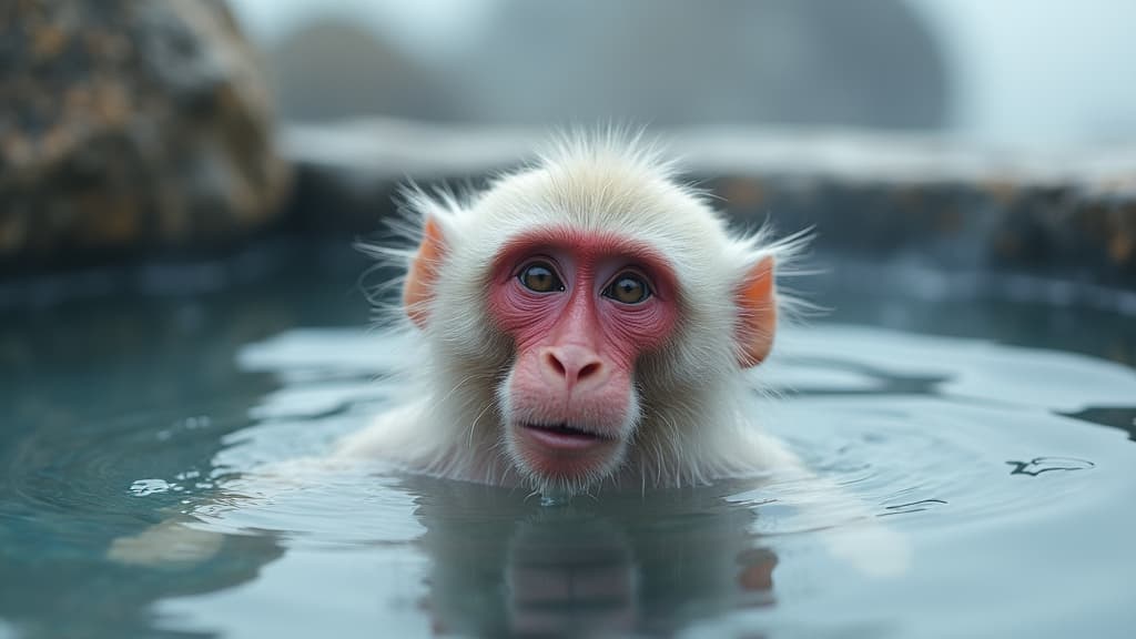  good quality, high quality, a curious snow monkey submerged in a hot spring