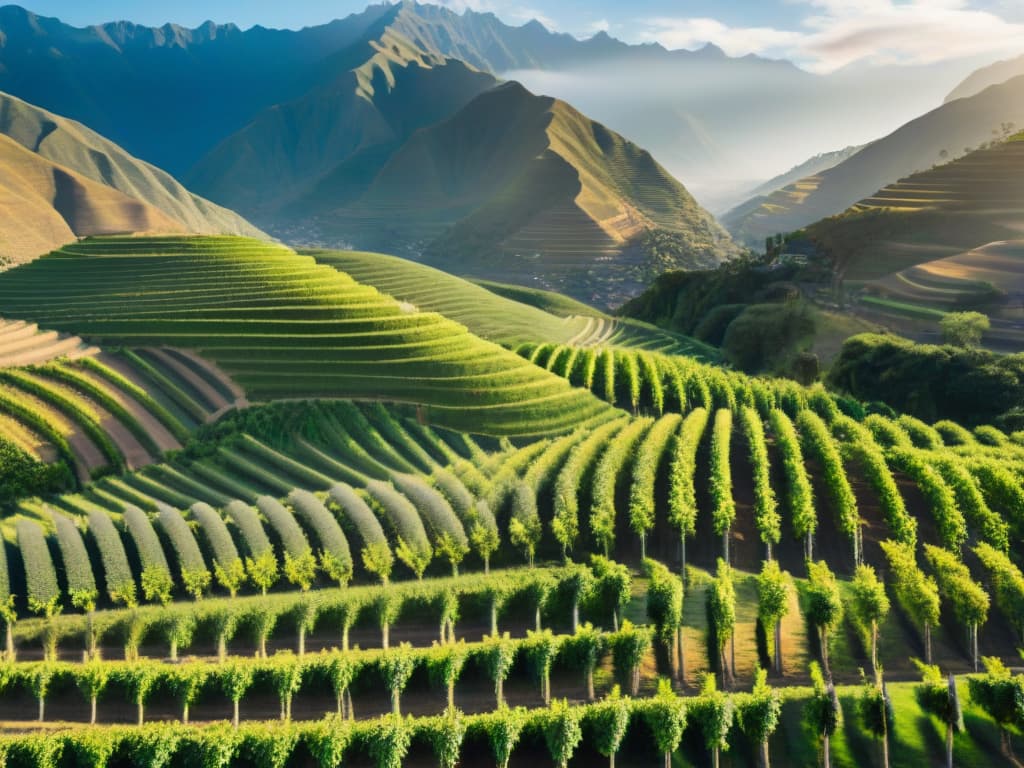  A breathtaking aerial view of lush green vineyards stretching across the arid Peruvian landscape, with rows of grapevines neatly aligned under the bright sun. In the foreground, a traditional adobe hacienda can be seen, surrounded by towering palm trees, while majestic Andean mountains loom in the background, their snowcapped peaks contrasting with the verdant vineyards below. The image captures the essence of the iconic vineyards of Peru, where the unique terroir contributes to the production of worldrenowned pisco. hyperrealistic, full body, detailed clothing, highly detailed, cinematic lighting, stunningly beautiful, intricate, sharp focus, f/1. 8, 85mm, (centered image composition), (professionally color graded), ((bright soft diffused light)), volumetric fog, trending on instagram, trending on tumblr, HDR 4K, 8K
