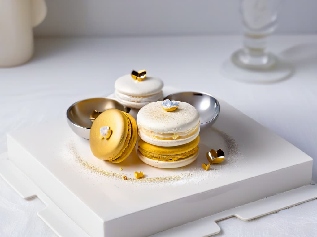  An ultradetailed image of a delicate macaron adorned with edible gold and silver powder, placed on a pristine white porcelain plate. The macaron is perfectly baked with a glossy surface, showcasing intricate details of the gold and silver shimmer. The background is softly blurred, emphasizing the luxurious and elegant nature of the dessert. hyperrealistic, full body, detailed clothing, highly detailed, cinematic lighting, stunningly beautiful, intricate, sharp focus, f/1. 8, 85mm, (centered image composition), (professionally color graded), ((bright soft diffused light)), volumetric fog, trending on instagram, trending on tumblr, HDR 4K, 8K