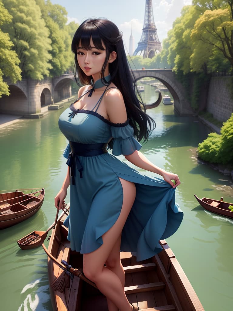  An cute and anime wearing blue china dress, black mid length hair with bangs, bare shoulders, bare arms, exudes feminine charm, greeny eyes with attractive lashes, full subtle mauve lipstick, large s covered by curved fit dress, blush, expression on face Dress: , no jewelry, top and bottoms, no shoes. Background:picturesque Parisian landscape, the Eiffel Tower in the background, calm river flowing, traditional wooden rowboat moored to the side, old stone bridges, lush green trees in full bloom, historical buildings with clic French architecture, sunlight filtering through leaves, clear blue sky with wispy clouds, romantic and peaceful mood. hyperrealistic, full body, detailed clothing, highly detailed, cinematic lighting, stunningly beautiful, intricate, sharp focus, f/1. 8, 85mm, (centered image composition), (professionally color graded), ((bright soft diffused light)), volumetric fog, trending on instagram, trending on tumblr, HDR 4K, 8K