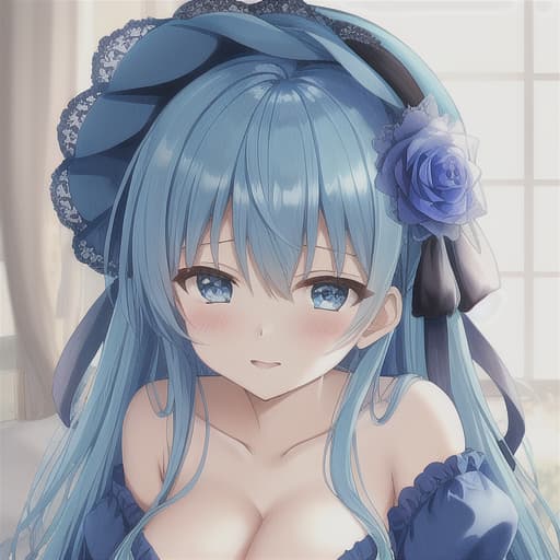  blue hair blue gown, flower bonnet anime, anime style, sexy, lewd, erotic, nsfw, ecchi, adult