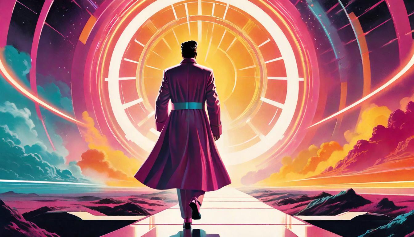  retro futuristic A figure stepping onto a path that lights up ahead, wearing simple yet elegant robes, not gender specific, path leading towards a bright horizon. Leadership, illumination, pioneering spirit. lvintage sci fi, 50s and 60s style, atomic age, vibrant, highly detailed