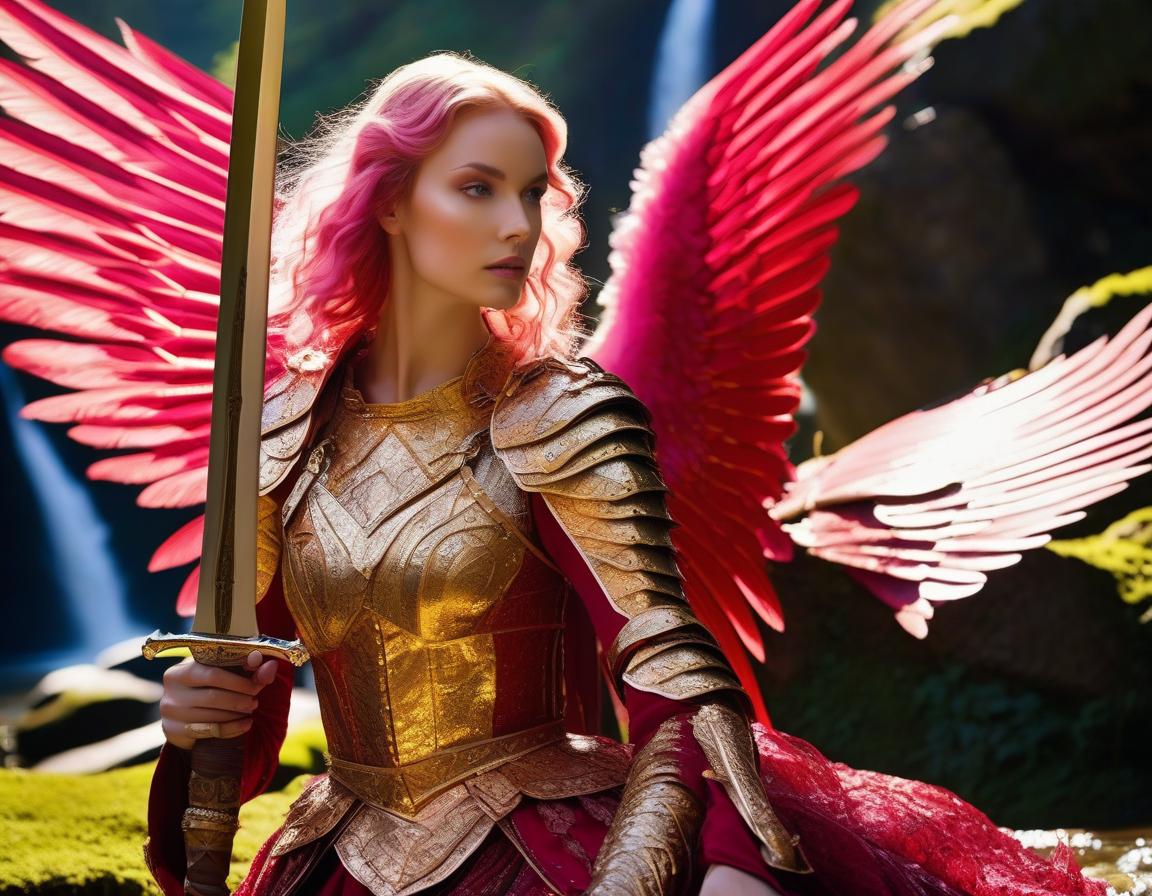  cinematic film still A very beautiful angel girl with two huge crimson wings, in full sparkling golden armor of the mid 15th century, as in the works of Konrad Witz, stands at the foot of the waterfall, leaning on a huge sword, full body, pink hair, shoulder length bob, modeling, dynamic pose, detailed face, detailed skin, beautiful detailed eyes, detailed lips, natural skin texture, red lipstick and manicure (dynamic pose: 0.3),a hyperrealistic full length photograph of a young, happy, sophisticated woman with modern visual effects and futuristic details. (masterpiece, high quality, texturing: 1.3), double exposure. A full length photo of a captivating gorgeous woman striking a pose on a busy street, capturing the essence of Rio Carniv hyperrealistic, full body, detailed clothing, highly detailed, cinematic lighting, stunningly beautiful, intricate, sharp focus, f/1. 8, 85mm, (centered image composition), (professionally color graded), ((bright soft diffused light)), volumetric fog, trending on instagram, trending on tumblr, HDR 4K, 8K