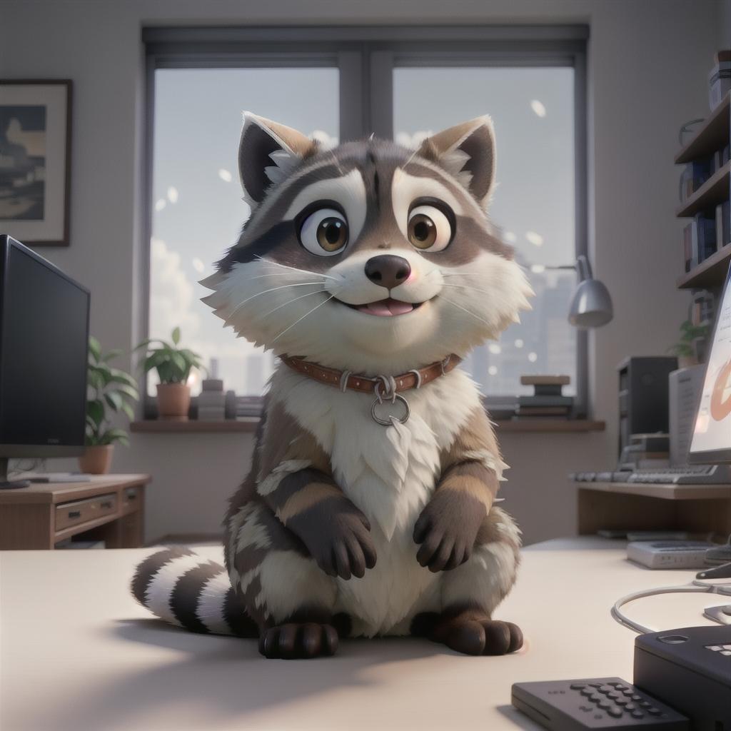  raccoon sitting in gaming chair front a computer on desktop, ((semi anthropomorphic)),(full body), tail, belly, sitting, fat, (chubby), (((white background))), solo, desktop, gaming chair, side view,  [[[clothes]]] hyperrealistic, full body, detailed clothing, highly detailed, cinematic lighting, stunningly beautiful, intricate, sharp focus, f/1. 8, 85mm, (centered image composition), (professionally color graded), ((bright soft diffused light)), volumetric fog, trending on instagram, trending on tumblr, HDR 4K, 8K