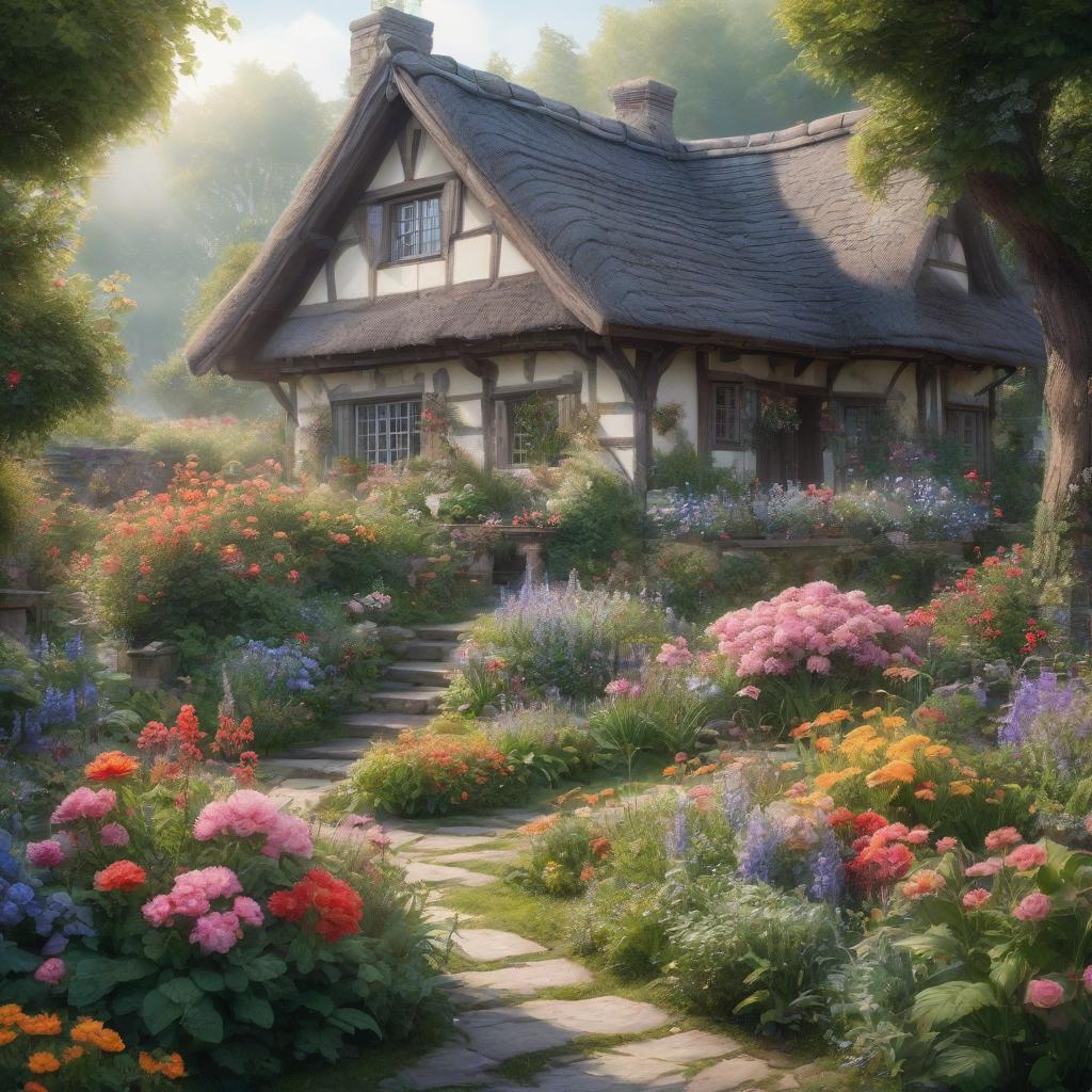  The cottage is surrounded by a garden with flowers, cute cozy, fantasy watercolor drawing hyperrealistic, full body, detailed clothing, highly detailed, cinematic lighting, stunningly beautiful, intricate, sharp focus, f/1. 8, 85mm, (centered image composition), (professionally color graded), ((bright soft diffused light)), volumetric fog, trending on instagram, trending on tumblr, HDR 4K, 8K