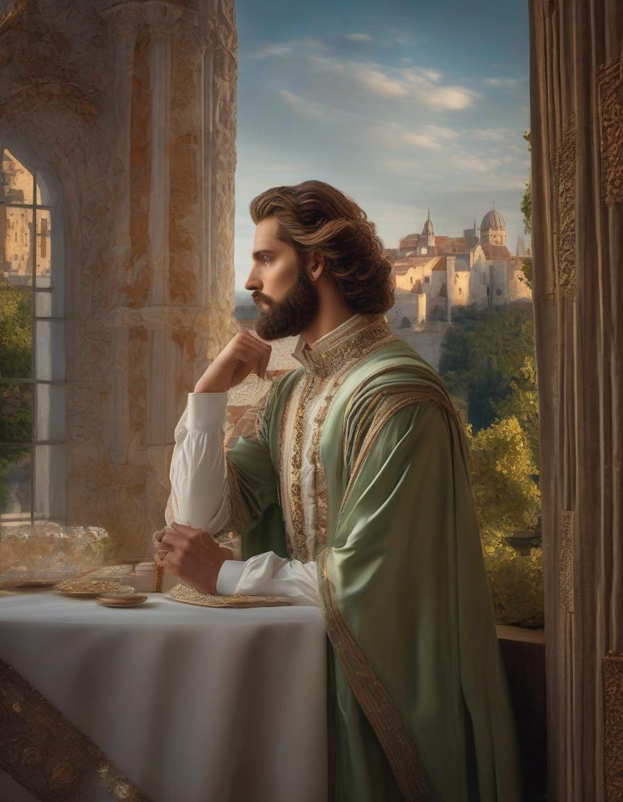  the era of the Middle Ages, as close up as possible, a dark moonlit night, (((the most detailed portrait of an elegant wealthy very young man with an elegant Spanish beard and long curly golden hair))), in luxurious light lavishly decorated with intricate embroidery clothes of the Tudor era, stands on the balcony of a medieval house and raises his head in deep thought and looks at the starry sky the sky, expressive gray green eyes drawn in the most detail, long thick eyelashes, maximum detail, fine details, saturated colors, an image in the style of Daniel F. Gerhartz and Eugene de Blaas, maximum emphasis on the face, saturated colors, hyperrealistic, full body, detailed clothing, highly detailed, cinematic lighting, stunningly beautiful, intricate, sharp focus, f/1. 8, 85mm, (centered image composition), (professionally color graded), ((bright soft diffused light)), volumetric fog, trending on instagram, trending on tumblr, HDR 4K, 8K