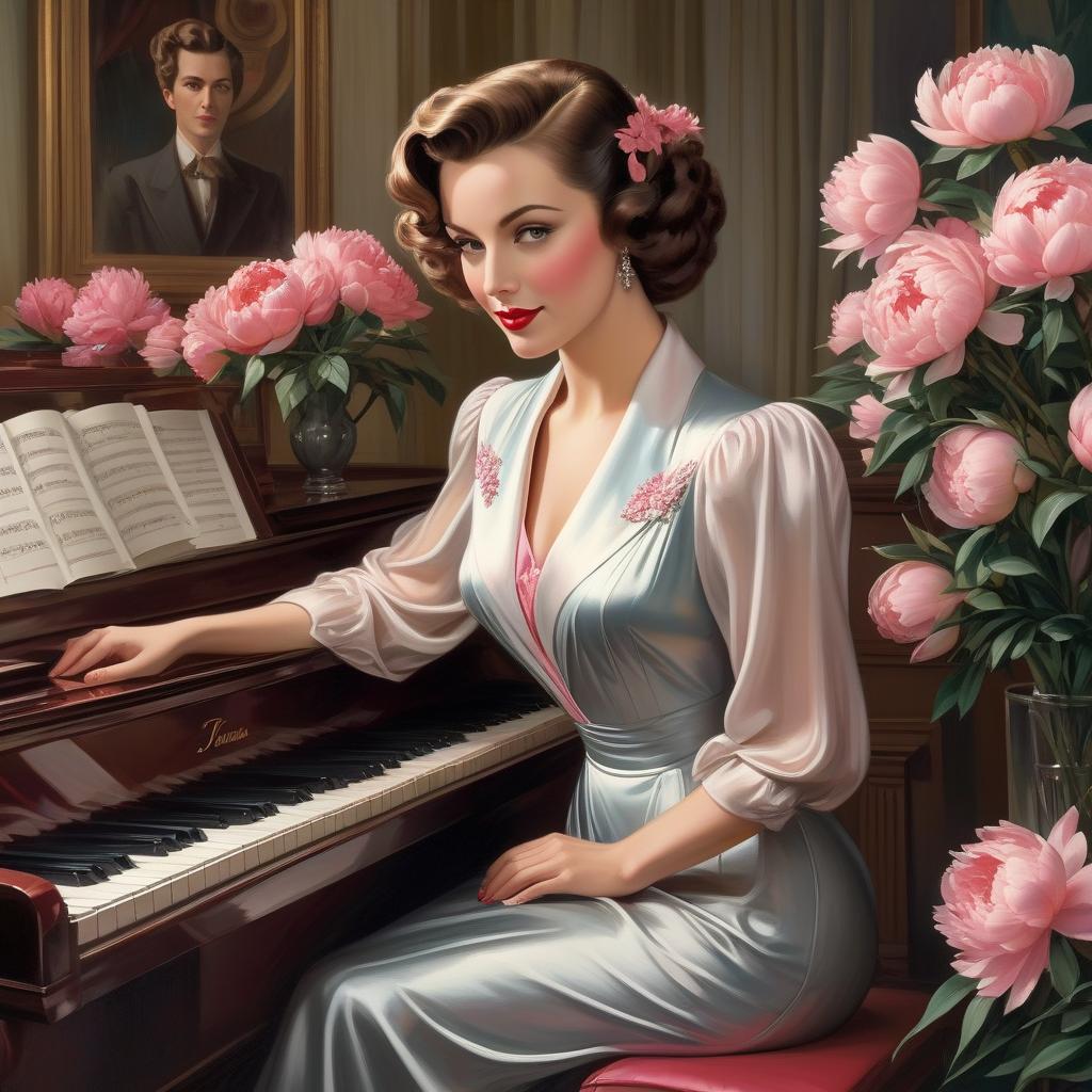  woman with 1940s Hollywood hairstyle, slightly wistful smile, ((Realistic face)) plays the piano. There is a vase with peonies on the piano. ethereal. ultra detailed. Style by Tamara de Lempicka, Daniel Gerhartz hyperrealistic, full body, detailed clothing, highly detailed, cinematic lighting, stunningly beautiful, intricate, sharp focus, f/1. 8, 85mm, (centered image composition), (professionally color graded), ((bright soft diffused light)), volumetric fog, trending on instagram, trending on tumblr, HDR 4K, 8K