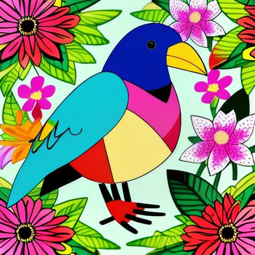  Colorful bird with large beak is surrounded by flowers leaves