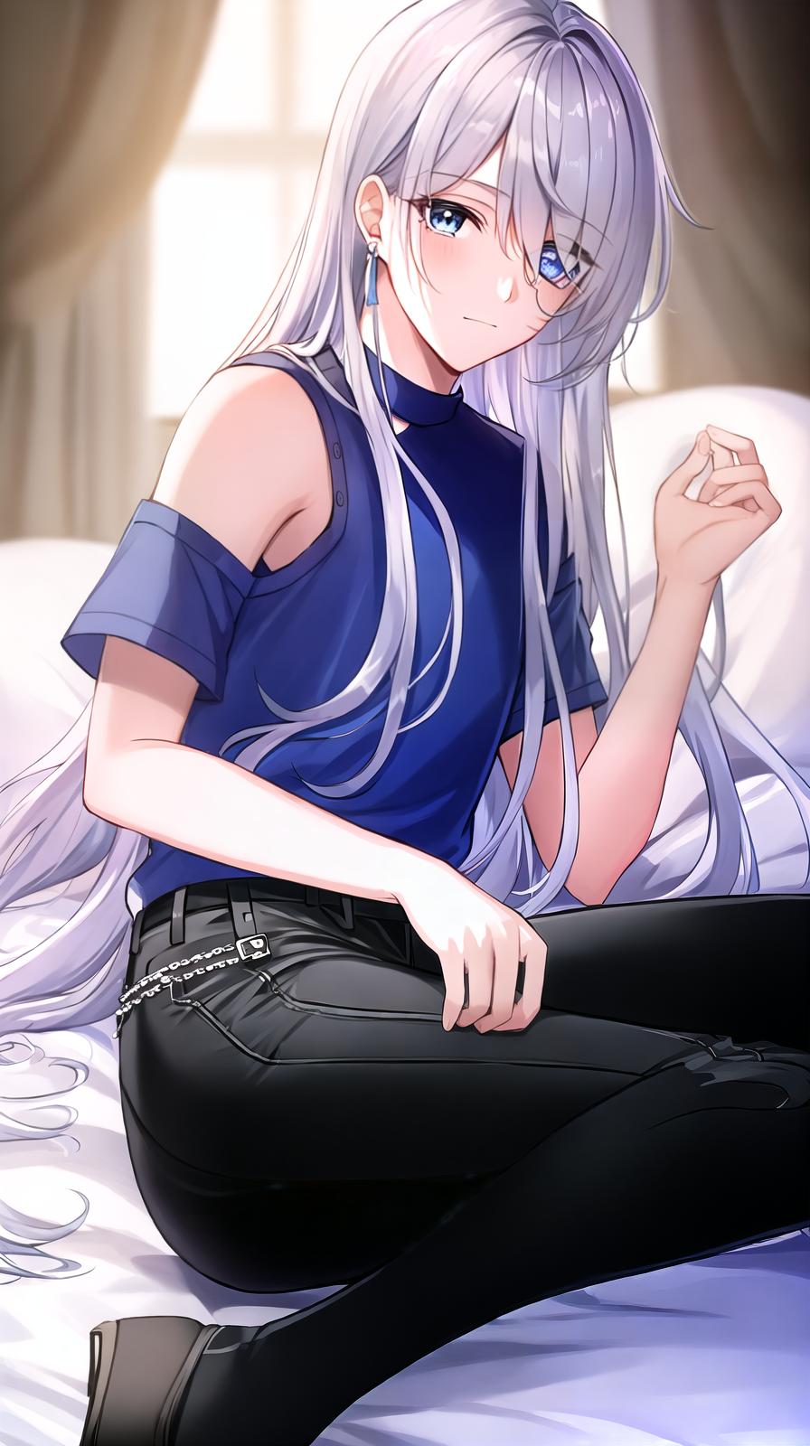  ((((masterpiece)))), best quality, very_high_resolution, ultra-detailed, in-frame, handsome, soft, young, silver hair, blue eyes, long hair with half-up, T-shirt, slim pants, blue shirt and black pants, eye patch hiding a burn mark on the left eye, prince-like, beautiful eyelashes