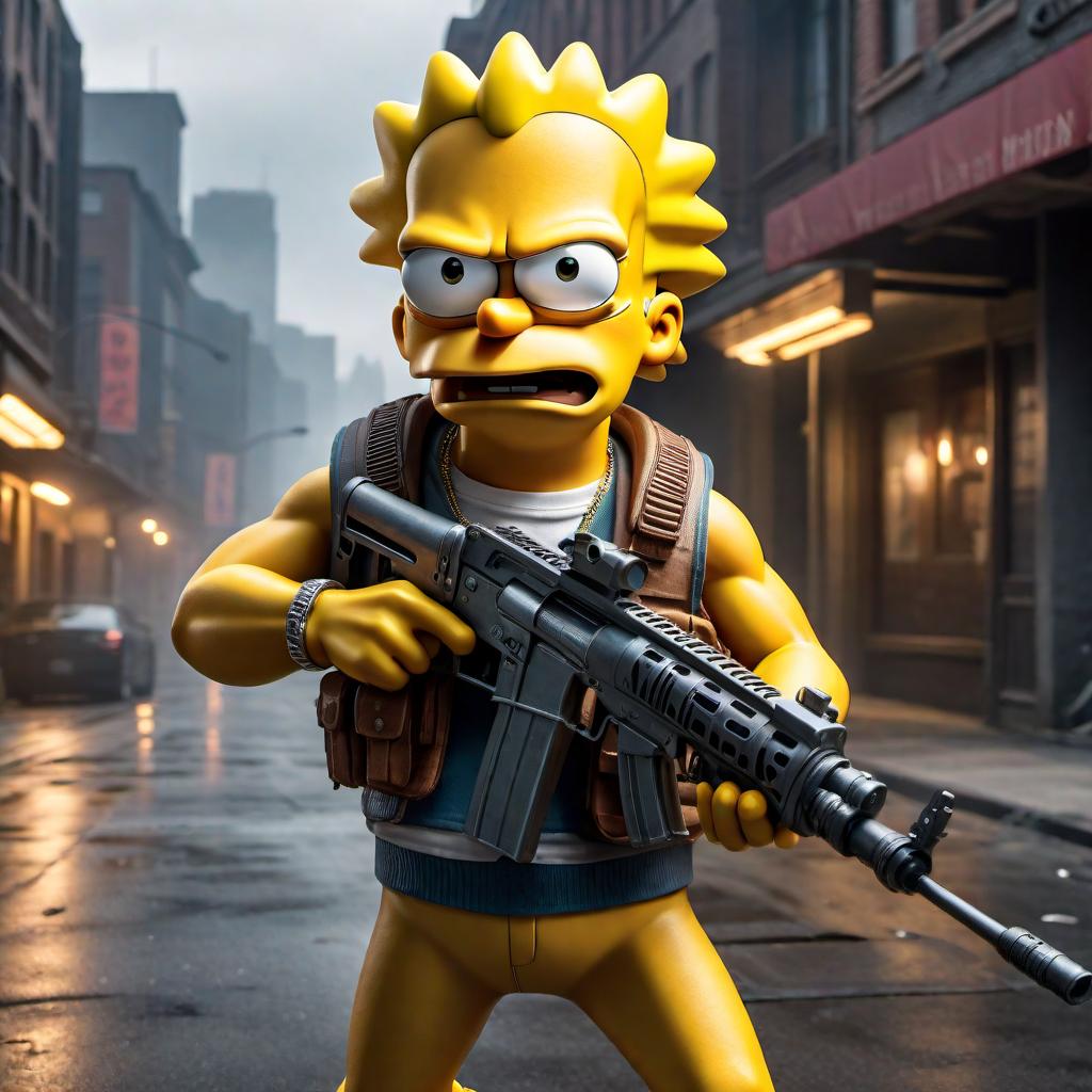  Bart Simpson holding a machine gun in an action pose, with a determined expression on his face. The background should be a city street with dramatic lighting. hyperrealistic, full body, detailed clothing, highly detailed, cinematic lighting, stunningly beautiful, intricate, sharp focus, f/1. 8, 85mm, (centered image composition), (professionally color graded), ((bright soft diffused light)), volumetric fog, trending on instagram, trending on tumblr, HDR 4K, 8K