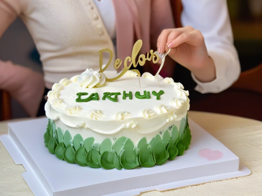  A closeup, highresolution image of hands delicately signing the word "delicious" in American Sign Language, set against a soft, blurred background of a beautifully decorated cake with intricate frosting details. The hands are elegant and expressive, showcasing the graceful movements of signing, emphasizing the beauty and artistry of communication through sign language. The image conveys a sense of inclusivity, connection, and the shared joy of baking and enjoying delicious treats together. hyperrealistic, full body, detailed clothing, highly detailed, cinematic lighting, stunningly beautiful, intricate, sharp focus, f/1. 8, 85mm, (centered image composition), (professionally color graded), ((bright soft diffused light)), volumetric fog, trending on instagram, trending on tumblr, HDR 4K, 8K