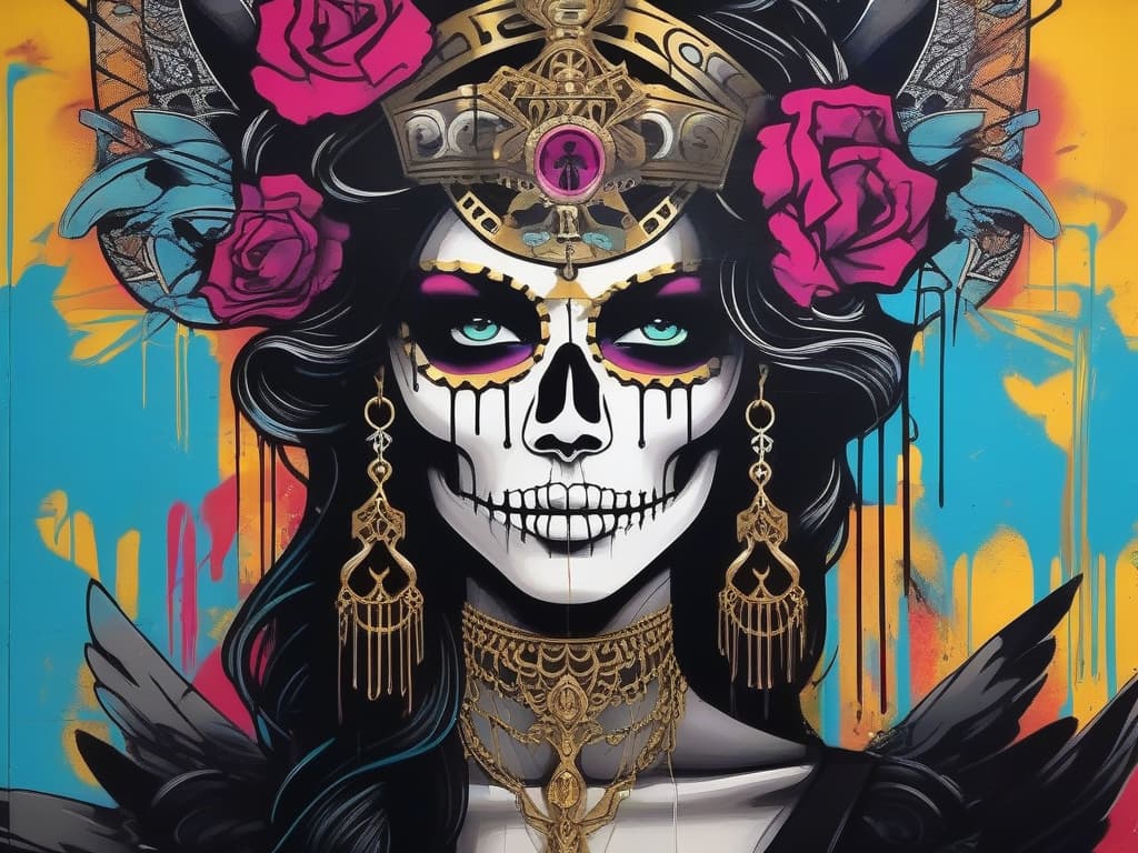  graffiti style Goddess of Death, beautiful face, black dress, frills, skull necklace . street art, vibrant, urban, detailed, tag, mural