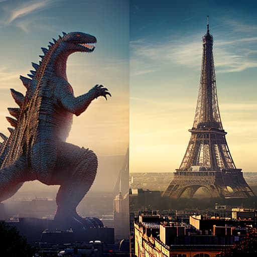 redshift style godzilla vs space godzilla en paris hyperrealistic, full body, detailed clothing, highly detailed, cinematic lighting, stunningly beautiful, intricate, sharp focus, f/1. 8, 85mm, (centered image composition), (professionally color graded), ((bright soft diffused light)), volumetric fog, trending on instagram, trending on tumblr, HDR 4K, 8K