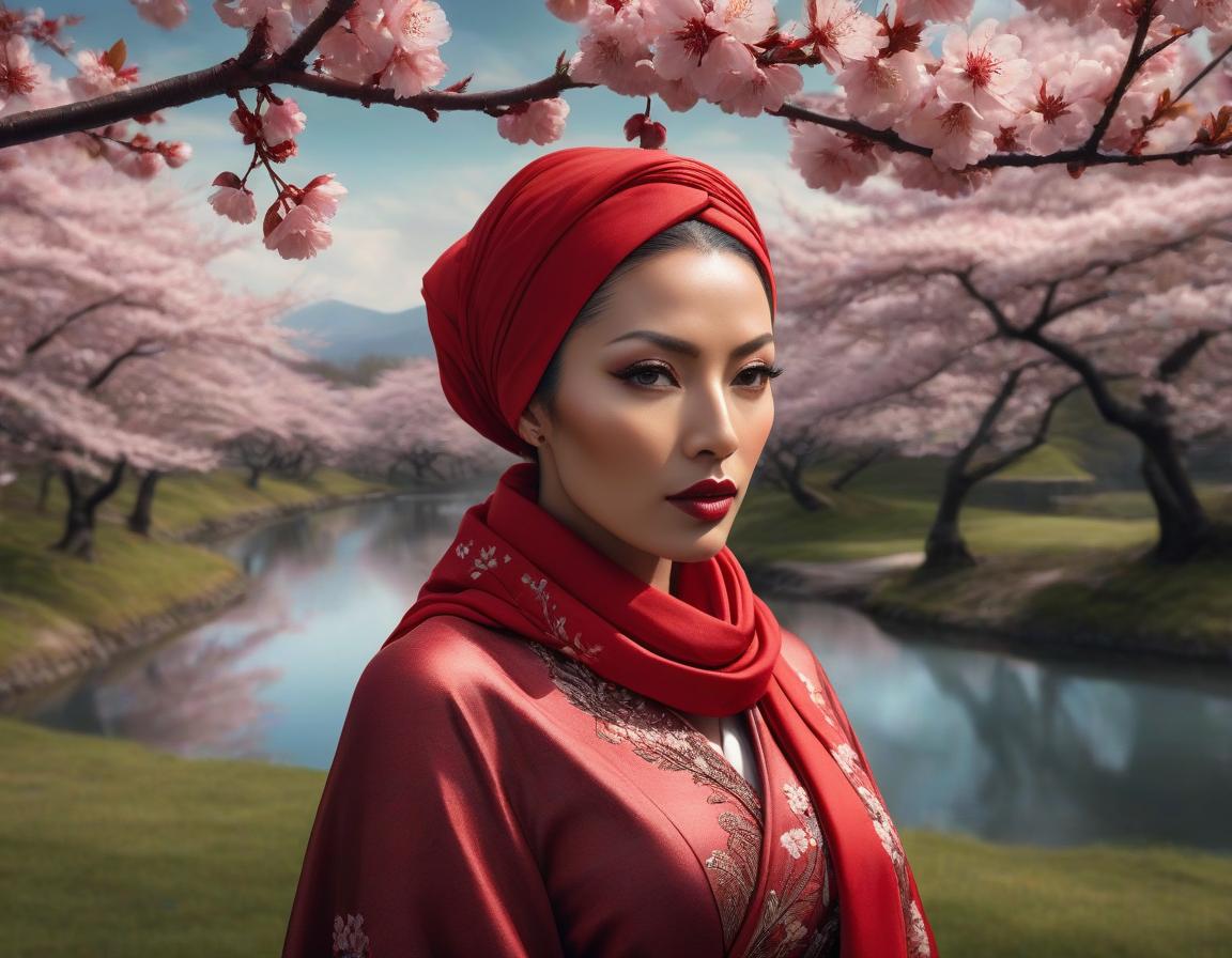  surrealist art A digital art portrait of a woman with a red headscarf, cherry blossoms in her hair, and serene landscape in the background. . dreamlike, mysterious, provocative, symbolic, intricate, detailed hyperrealistic, full body, detailed clothing, highly detailed, cinematic lighting, stunningly beautiful, intricate, sharp focus, f/1. 8, 85mm, (centered image composition), (professionally color graded), ((bright soft diffused light)), volumetric fog, trending on instagram, trending on tumblr, HDR 4K, 8K