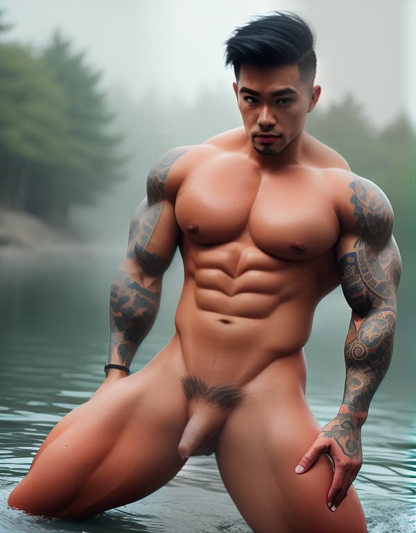  tattooed  bodybuilders are taking a bath in river，gay，Asian，Asiatic，Asian，Asian， portrait, happy colors, bright eyes, clear eyes, warm smile, smooth soft skin，symmetrical, anime wide eyes，big bulge， huge pectorales, naked whole body hyperrealistic, full body, detailed clothing, highly detailed, cinematic lighting, stunningly beautiful, intricate, sharp focus, f/1. 8, 85mm, (centered image composition), (professionally color graded), ((bright soft diffused light)), volumetric fog, trending on instagram, trending on tumblr, HDR 4K, 8K
