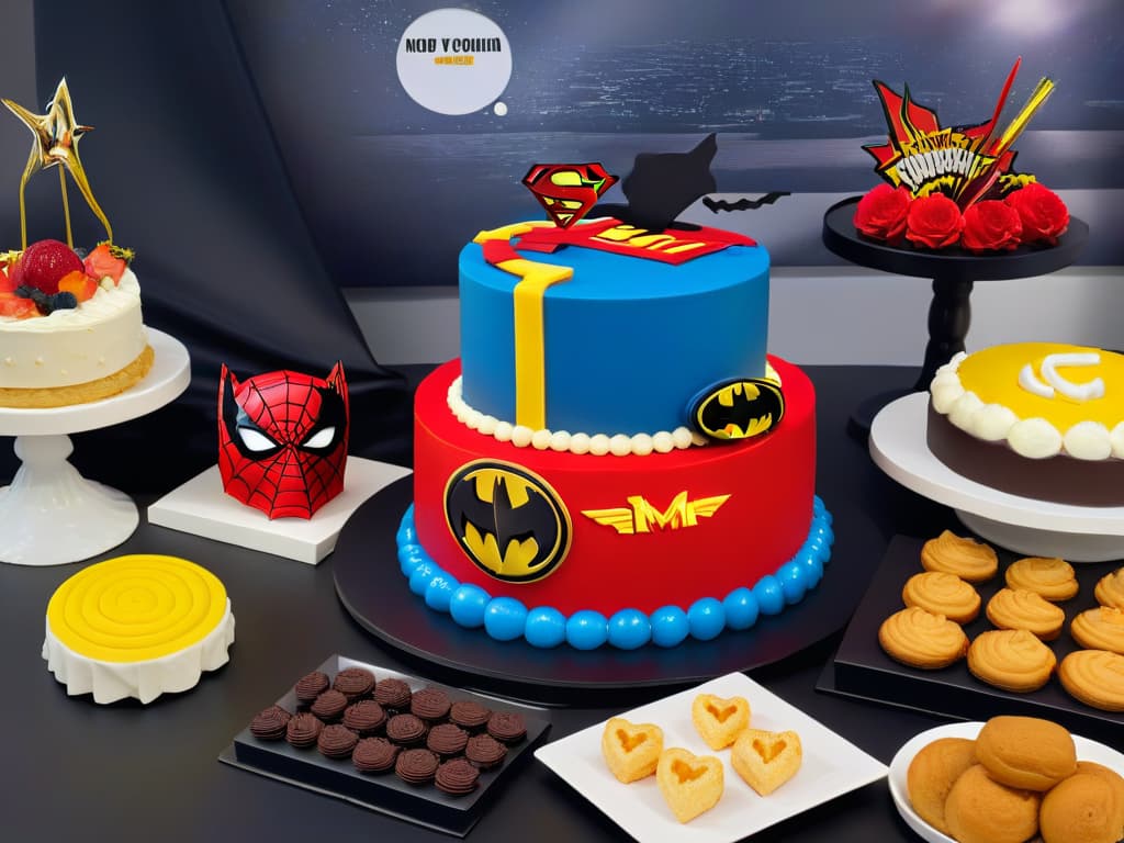  An ultradetailed minimalist image of a superherothemed dessert table, featuring a variety of creatively designed pastries and cakes inspired by iconic comic book characters. The table is elegantly set with sleek black platters and stands, showcasing meticulously crafted treats in vibrant colors and intricate superhero logos. Each dessert is a work of art, meticulously detailed and expertly decorated to capture the essence of beloved superheroes, creating a visually stunning and mouthwatering display that will captivate fans of all ages. hyperrealistic, full body, detailed clothing, highly detailed, cinematic lighting, stunningly beautiful, intricate, sharp focus, f/1. 8, 85mm, (centered image composition), (professionally color graded), ((bright soft diffused light)), volumetric fog, trending on instagram, trending on tumblr, HDR 4K, 8K