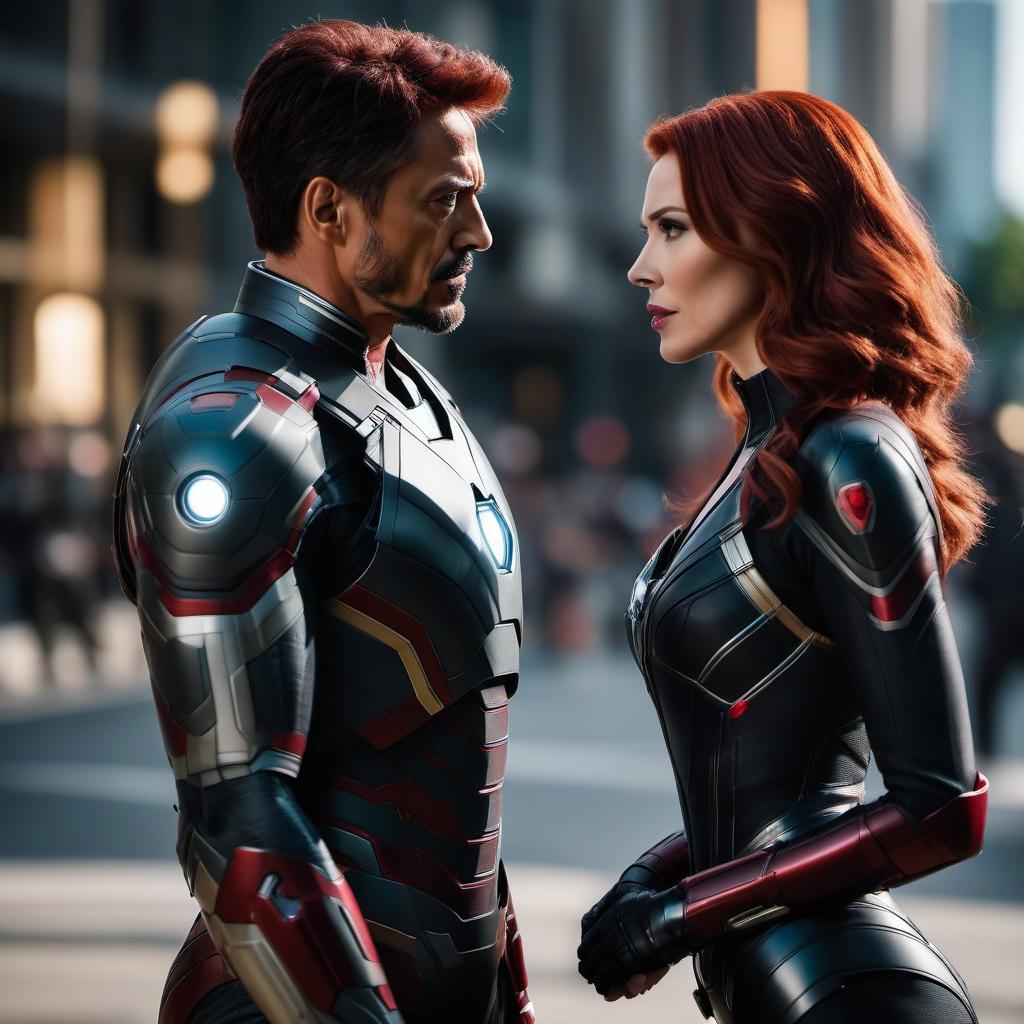  cinematic photo The love between Iron Man and Black Widow . 35mm photograph, film, bokeh, professional, 4k, highly detailed hyperrealistic, full body, detailed clothing, highly detailed, cinematic lighting, stunningly beautiful, intricate, sharp focus, f/1. 8, 85mm, (centered image composition), (professionally color graded), ((bright soft diffused light)), volumetric fog, trending on instagram, trending on tumblr, HDR 4K, 8K