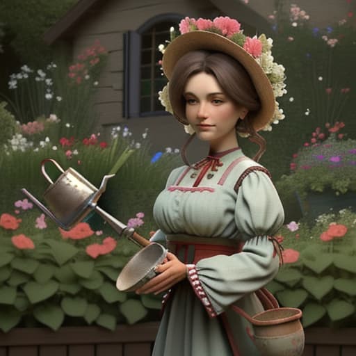  a traditionally dressed woman holding a beautiful flower pot in a beautiful flower garden with watering can beside her