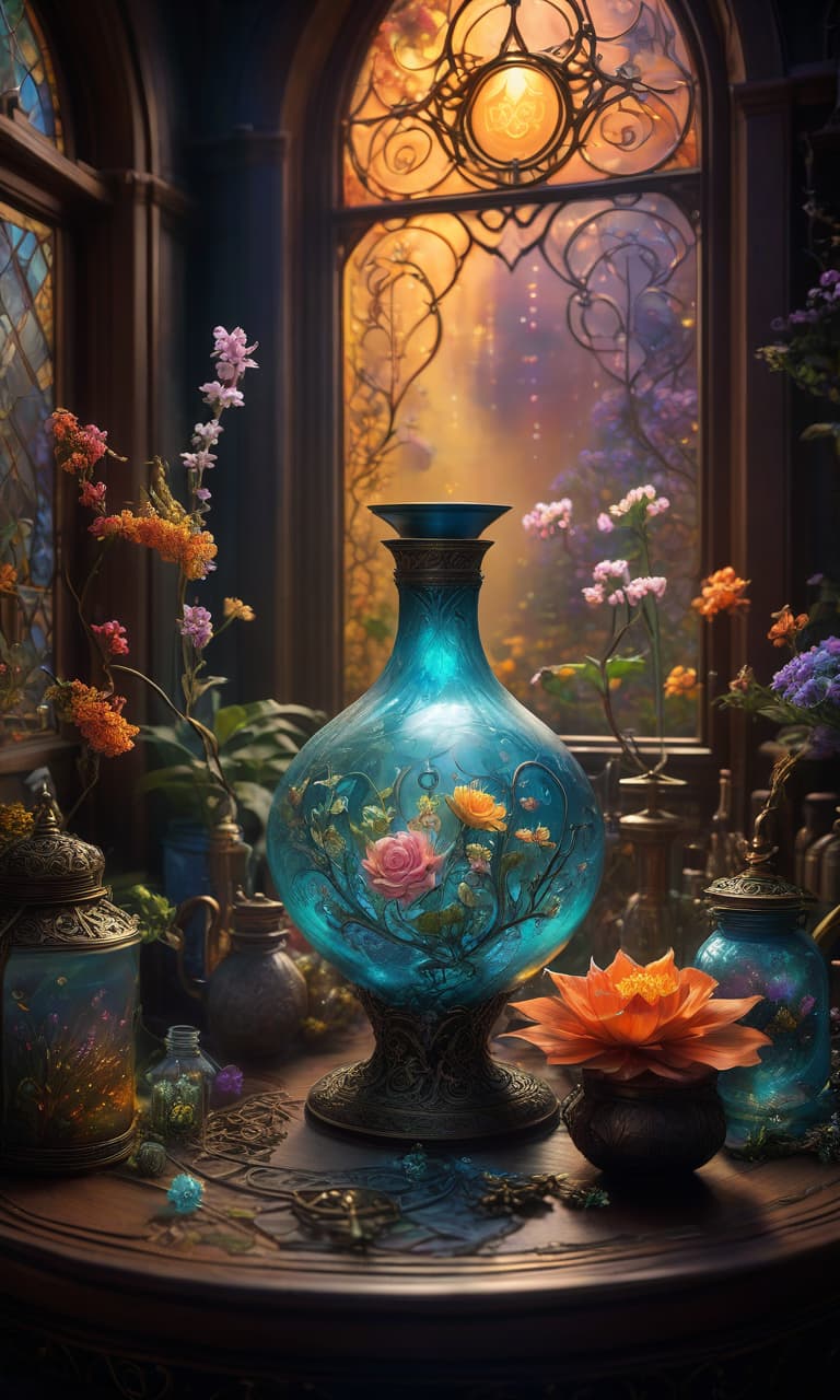  Ethereal fantasy concept art of a witch's potion. Аrt nouveau. Potion is in an unusually shaped vessel:: glass, patterning, wrought iron elements:: steampunk. Background: window to flowering garden, potions workshop, flasks, retorts. Magnificent, celestial, ethereal, painterly (harmony of complementary triad of colours:: glow), epic, majestic, magical, fantasy cover art. Detailed and intricate, hyper maximalist, hyper realistic, super detailed, brightly coloured, ornate, dynamic. Stylistics: fairy tale, dream, modern, art nouveau, dark art. In the manner of Fragonard, Van Gogh, Andrew Jones, Stephan Martinet, Alphonse Mucha, Jean Baptiste Monge. High quality and highly detailed. Decoration, fantasy abstraction, surrealism, mysticism. hyperrealistic, full body, detailed clothing, highly detailed, cinematic lighting, stunningly beautiful, intricate, sharp focus, f/1. 8, 85mm, (centered image composition), (professionally color graded), ((bright soft diffused light)), volumetric fog, trending on instagram, trending on tumblr, HDR 4K, 8K