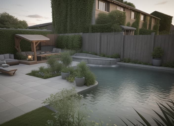  garden redesigned with a modern wooden office in the top left, gazebo extending to the right with an outside kitchen dining area underneath, green area, water feature, grey slate patio, fire pit, modern and stylish, bamboo along the hedgerow on the far left, photorealistic, contrast, high quality, hyper realistic, clear features, highly detailed, natural lighting, sharp focus, f/1. 8, 85mm, high contrast, HDR 4K, 8K